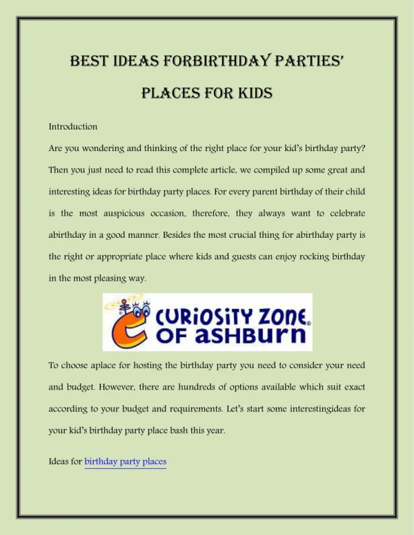 Best Ideas forbirthday parties’ places for kids