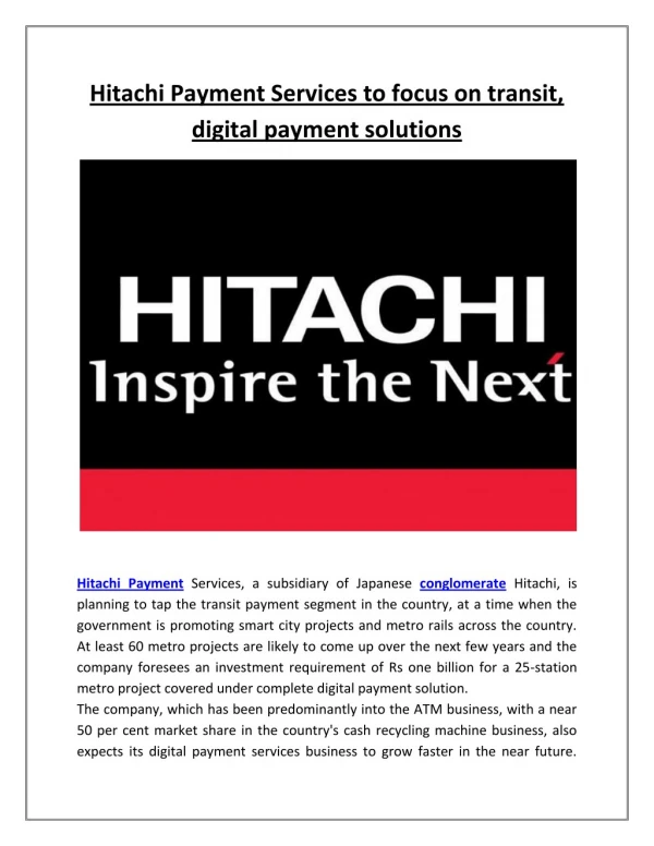 Hitachi Payment Services to Focus on Transit, Digital Payment Solutions