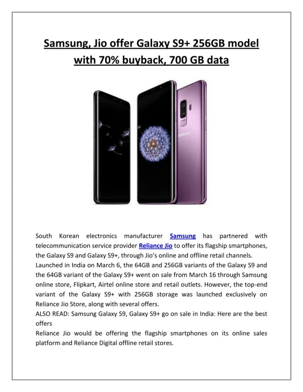 Samsung, Jio offer Galaxy S9 256GB model with 70% buyback, 700 GB data