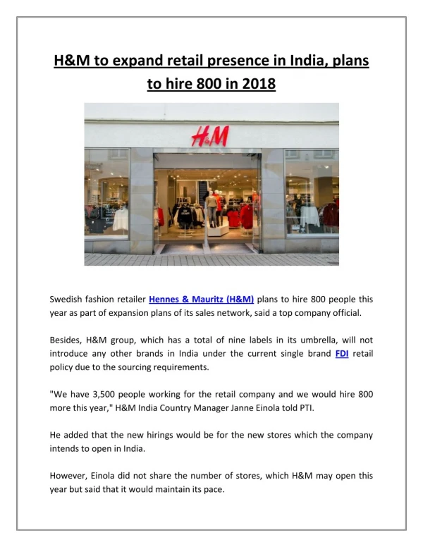 H&M to Expand Retail Presence in India, Plans to Hire 800 in 2018