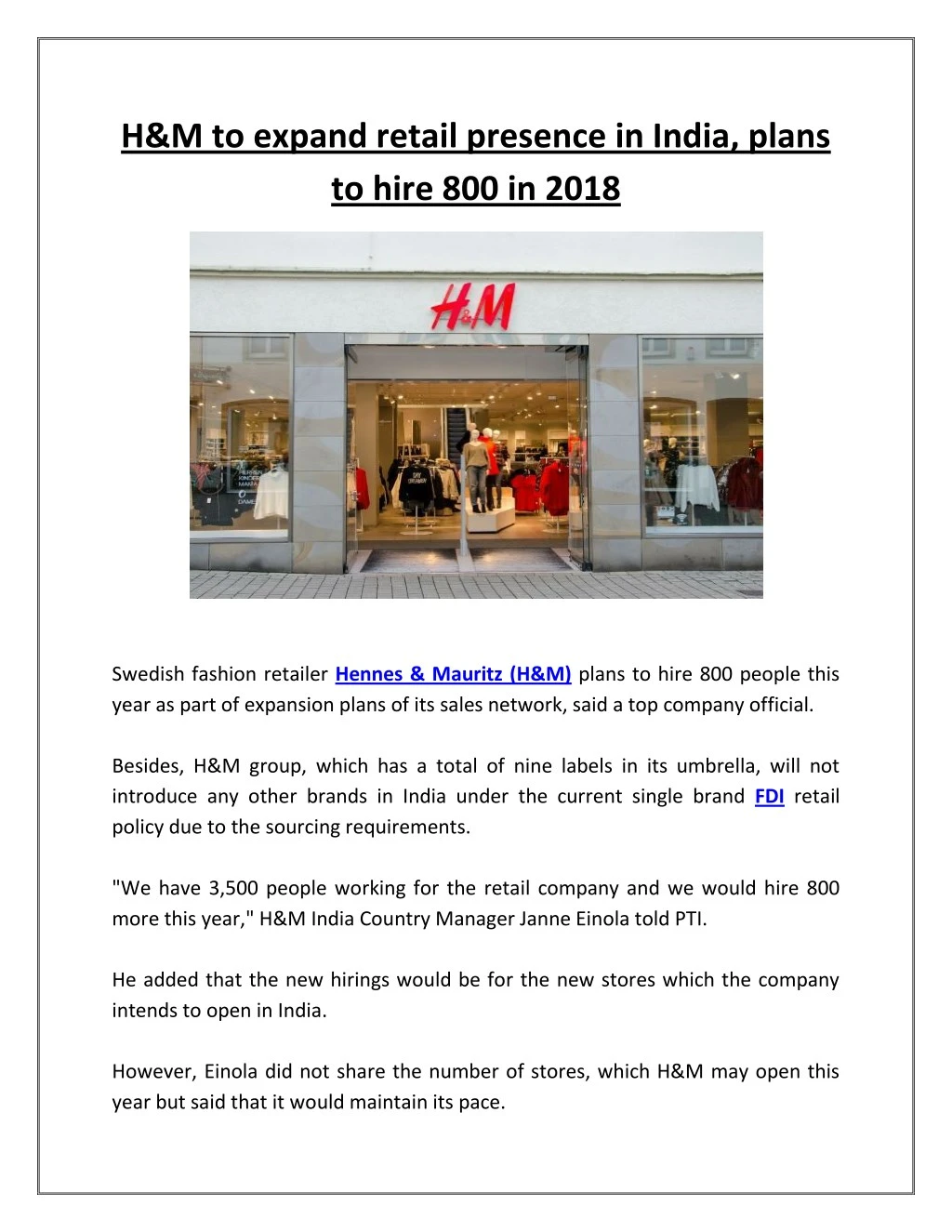 h m to expand retail presence in india plans