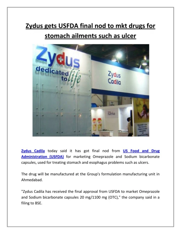 Zydus gets USFDA final nod to mkt drugs for stomach ailments such as ulcer