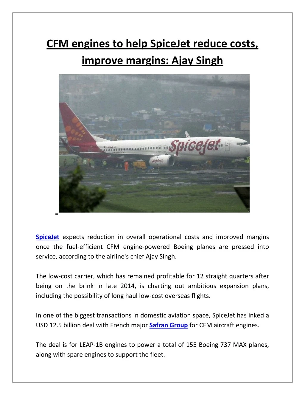 cfm engines to help spicejet reduce costs improve