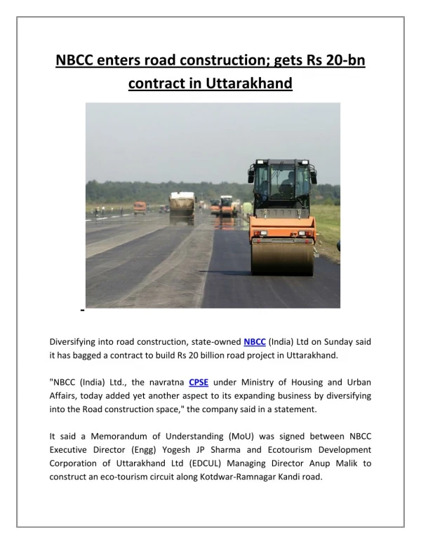 Nbcc enters road construction; gets rs 20 bn contract in uttarakhand