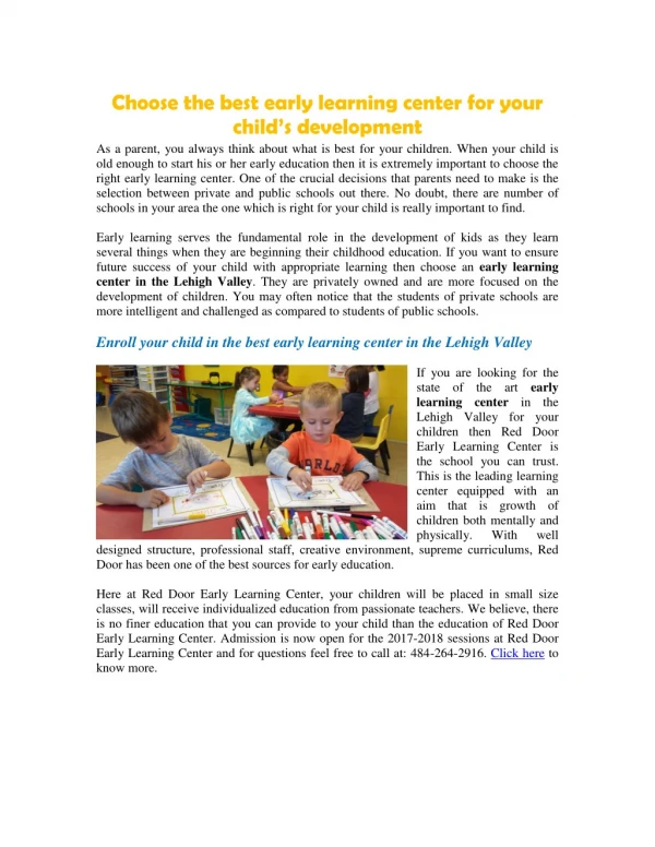 Choose the best early learning center for your childâ€™s development