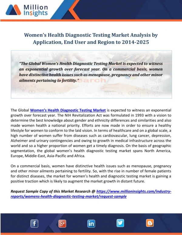 Women’s Health Diagnostic Testing Market Analysis by Application, End User and Region to 2014-2025