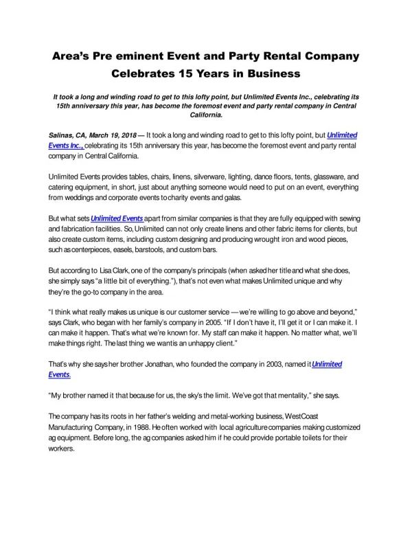 Area’s Pre eminent Event and Party Rental Company Celebrates 15 Years in Business