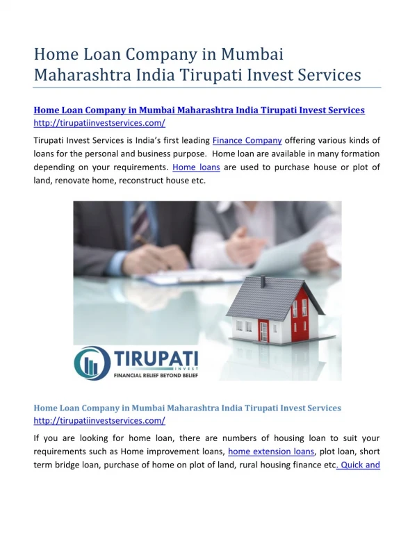Home Loan Company in Mumbai Maharashtra India Tirupati Invest Services