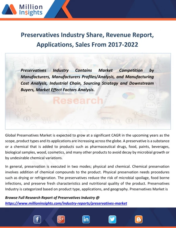 Preservatives Market Analysis By Types,Trends, Margin, Growth rate From 2017-2022