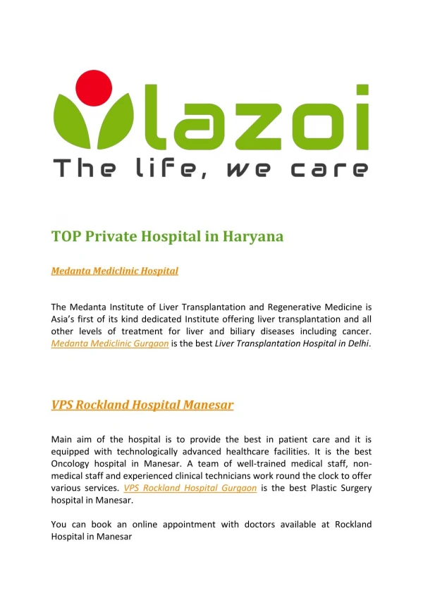 Best Private Hospitals in Haryana, Clinics @ Book online AppointmentÂ 
