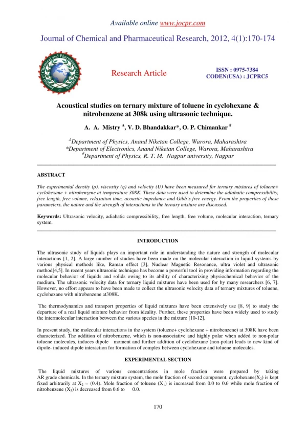 Acoustical studies on ternary mixture of toluene in cyclohexane & nitrobenzene at 308k using ultrasonic technique.