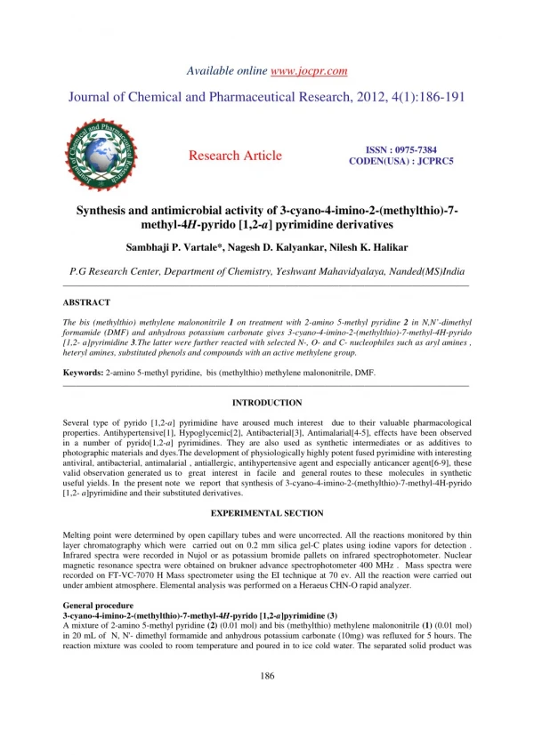 Synthesis and antimicrobial activity of 3-cyano-4-imino-2-(methylthio)-7- methyl-4H-pyrido [1,2-a] pyrimidine derivative