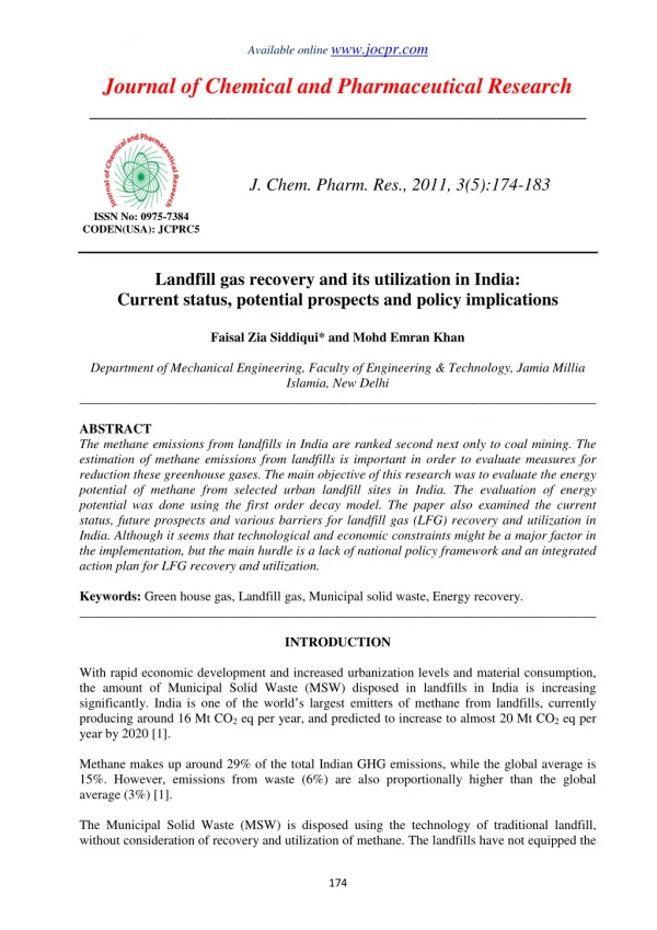 Landfill gas recovery and its utilization in India: Current status, potential prospects and policy implications