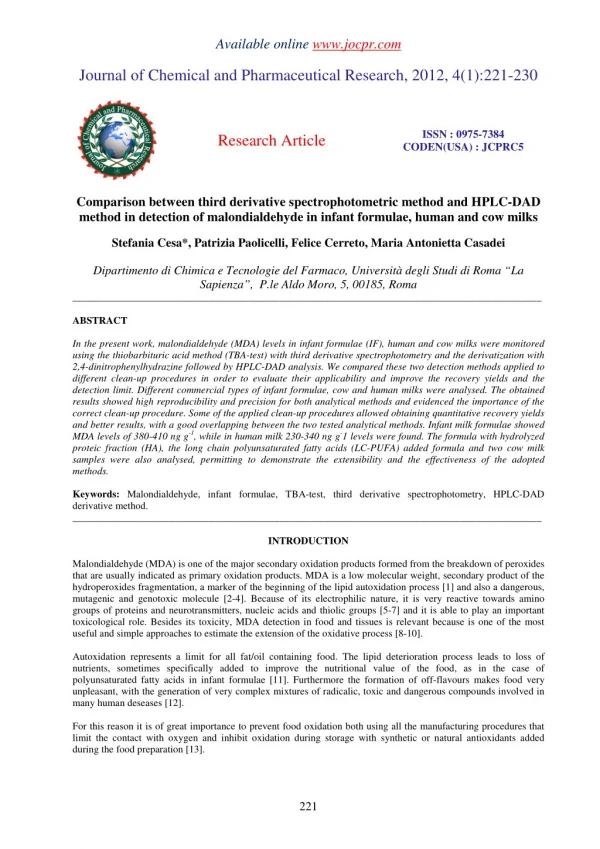 Comparison between third derivative spectrophotometric method and HPLC-DAD method in detection of malondialdehyde in inf