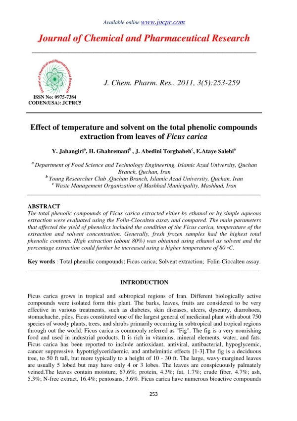 Effect of temperature and solvent on the total phenolic compounds extraction from leaves of Ficus carica