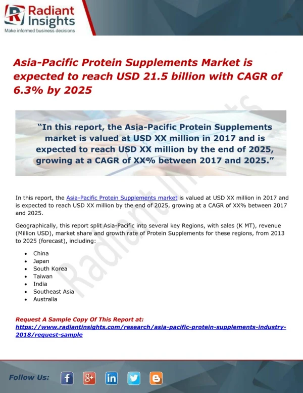 Asia-Pacific Protein Supplements Market is expected to reach USD 21.5 billion with CAGR of 6.3% by 2025