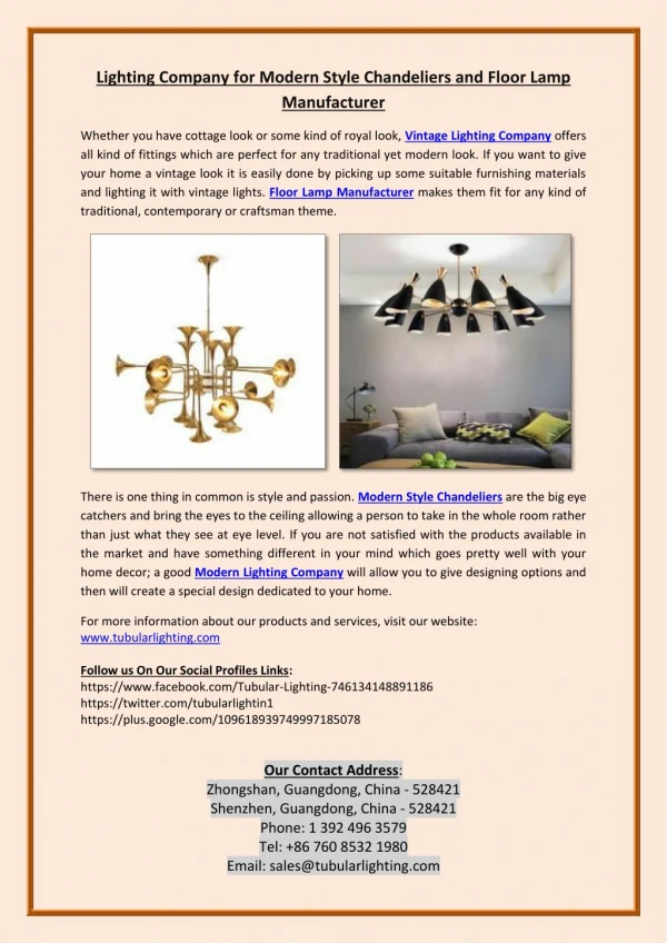 Lighting Company for Modern Style Chandeliers and Floor Lamp Manufacturer