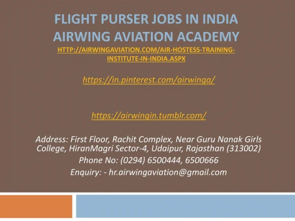 Flight Purser Jobs in India Airwing Aviation Academy
