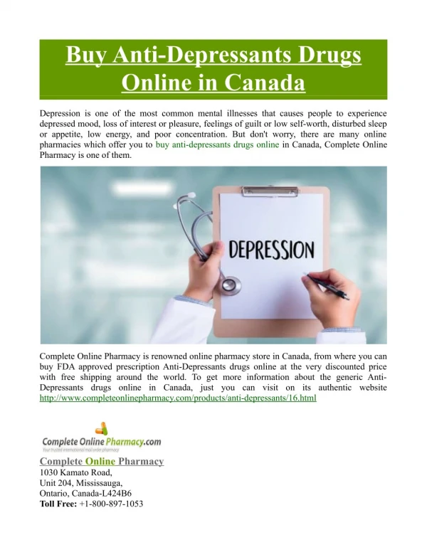 Buy Anti-Depressants Drugs Online in Canada