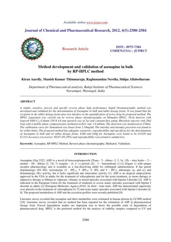 Method development and validation of asenapine in bulk by RP-HPLC method
