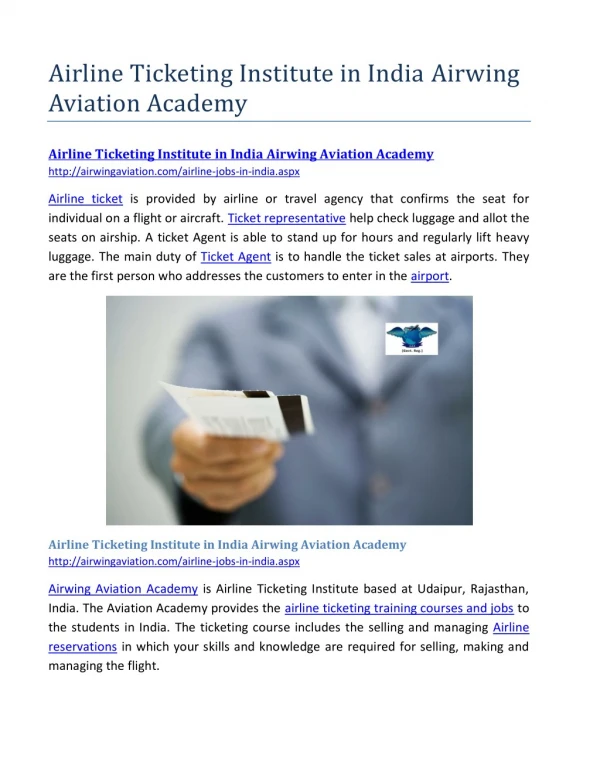 Airline Ticketing Institute in India Airwing Aviation Academy