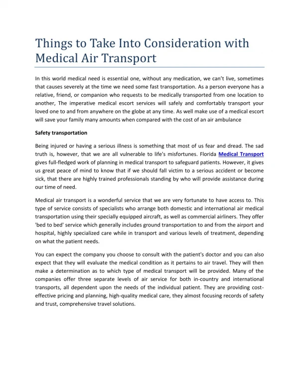 Things to Take Into Consideration with Medical Air Transport