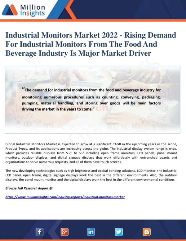 Industrial Monitors Market 2022 - Rising Demand For Industrial Monitors From The Food And Beverage Industry Is Major Mar