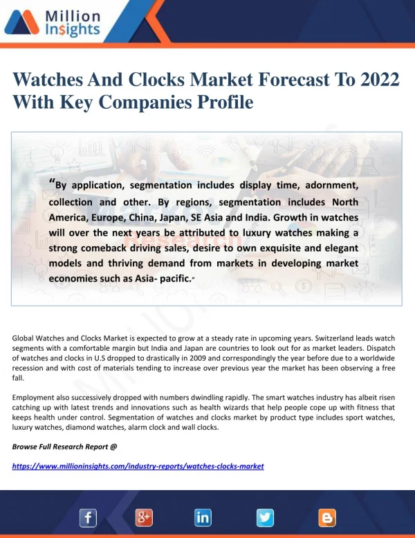 Watches And Clocks Market Forecast To 2022 With Key Companies Profile