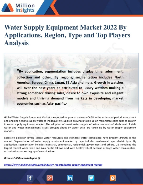 Water Supply Equipment Market 2022 By Applications, Region, Type and Top Players Analysis