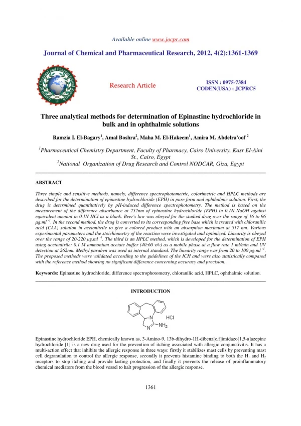 Three analytical methods for determination of Epinastine hydrochloride in bulk and in ophthalmic solutions