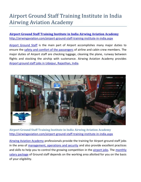 Airport Ground Staff Training Institute in India Airwing Aviation Academy