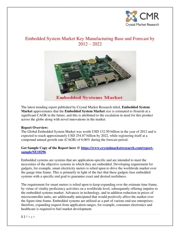 Embedded System Market to Rear Excessive Growth during 2012 â€“ 2022