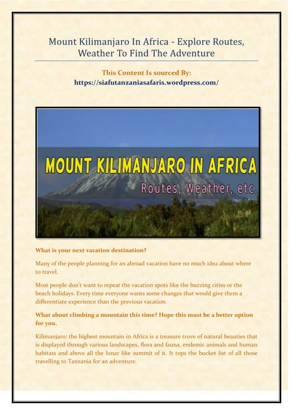 Mount Kilimanjaro In Africa - Explore Routes, Weather To Find The Adventure