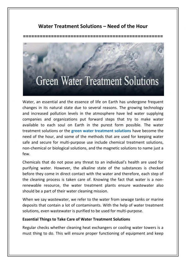 Water Treatment Solutions â€“ Need of the Hour