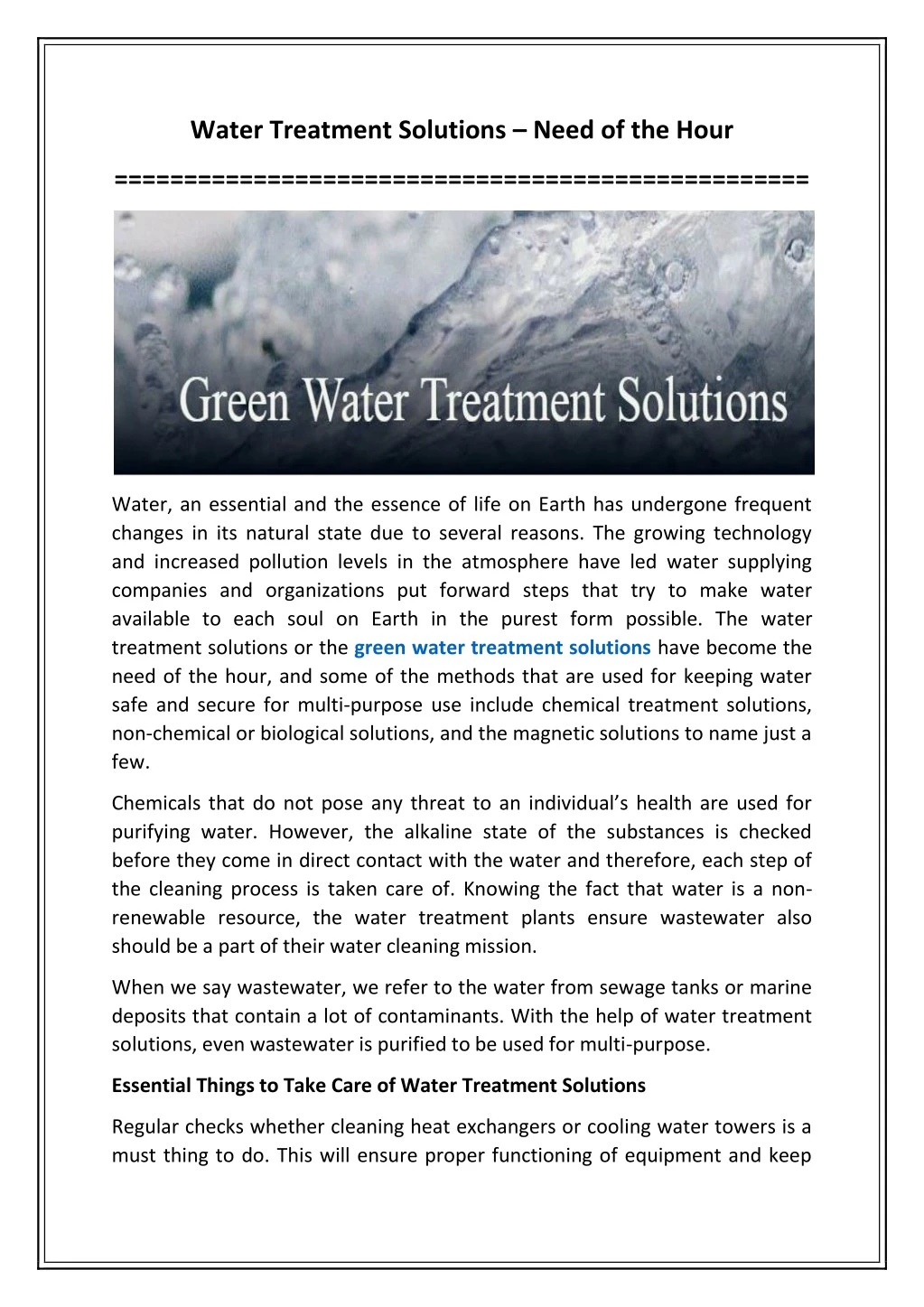 water treatment solutions need of the hour