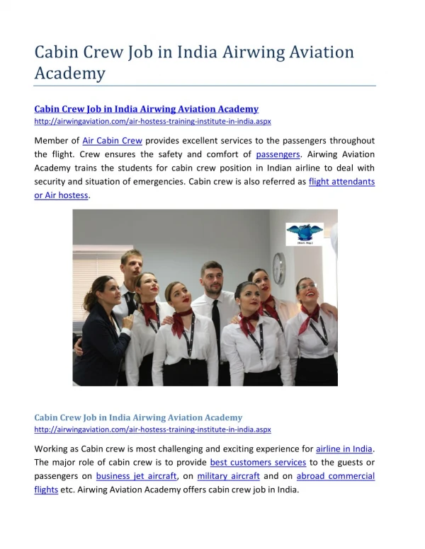 Cabin Crew Job in India Airwing Aviation Academy