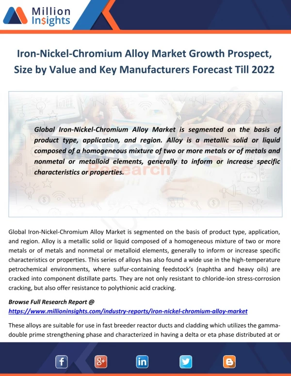 Iron-Nickel-Chromium Alloy Market Growth Prospect, Size by Value and Key Manufacturers Forecast Till 2022
