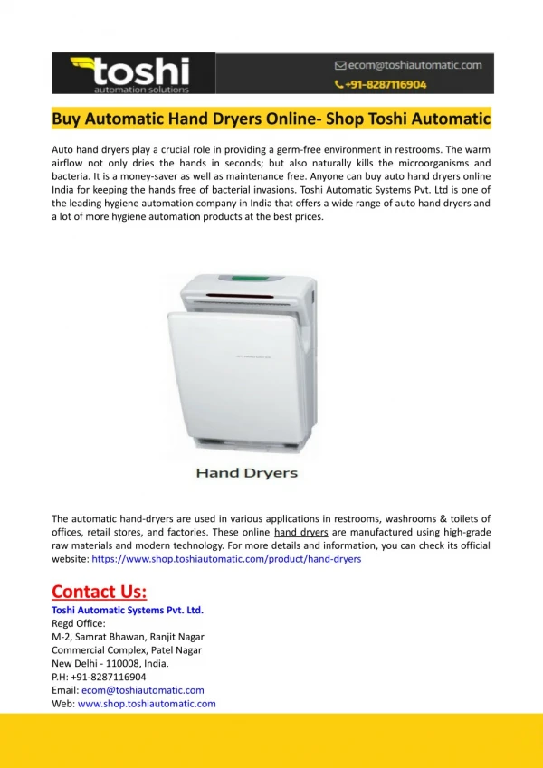 Buy Automatic Hand Dryers Online- Shop Toshi Automatic