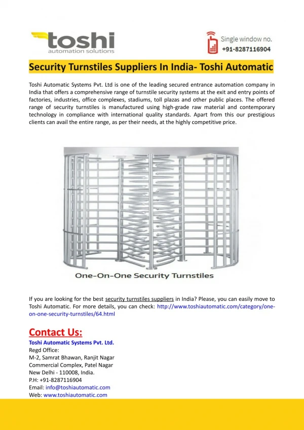 Security Turnstiles Suppliers In India- Toshi Automatic