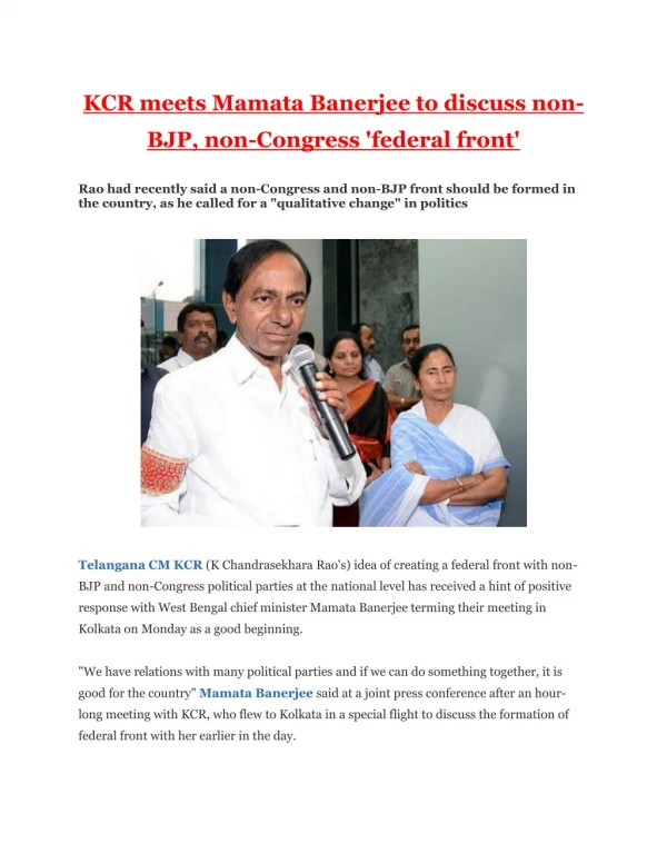 KCR meets Mamata Banerjee to discuss non-BJP, non-Congress 'federal front'