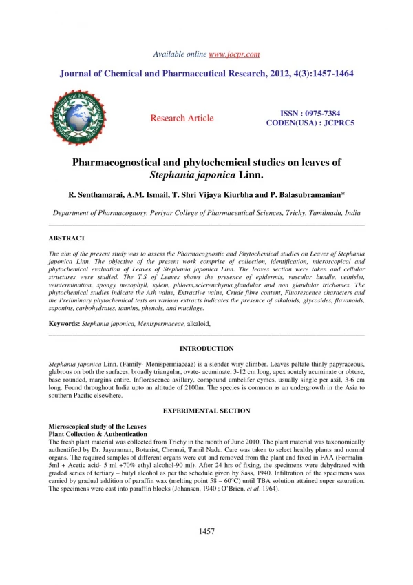 Pharmacognostical and phytochemical studies on leaves of Stephania japonica Linn.