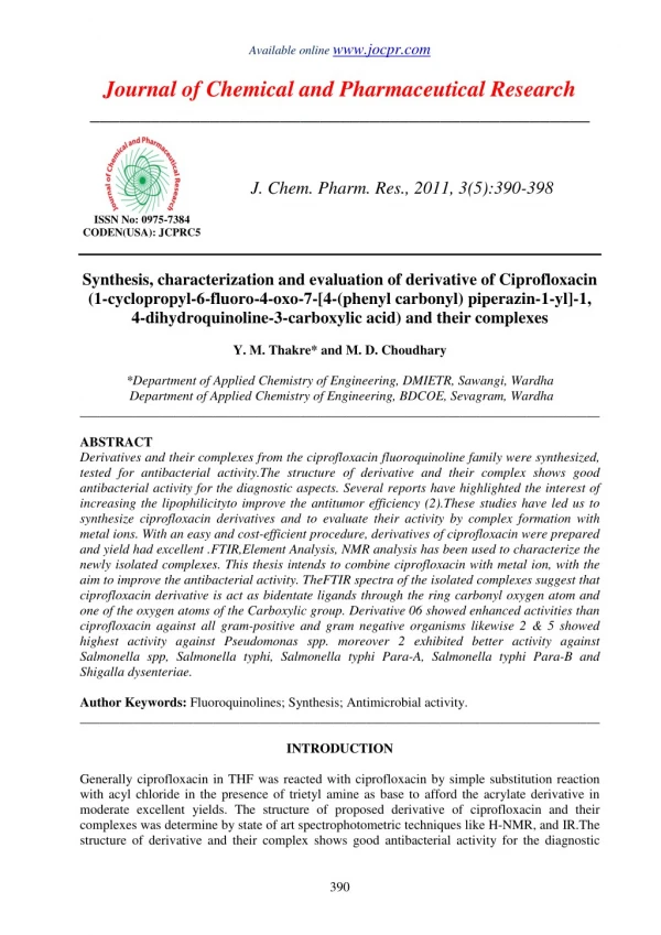 Synthesis, characterization and evaluation of derivative of Ciprofloxacin (1-cyclopropyl-6-fluoro-4-oxo-7-[4-(phenyl car