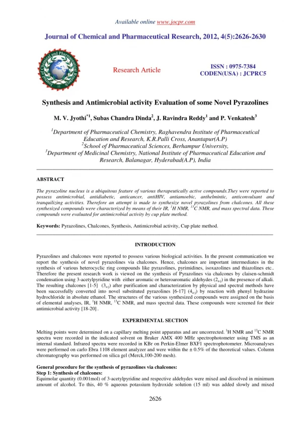 Synthesis and Antimicrobial activity Evaluation of some Novel Pyrazolines