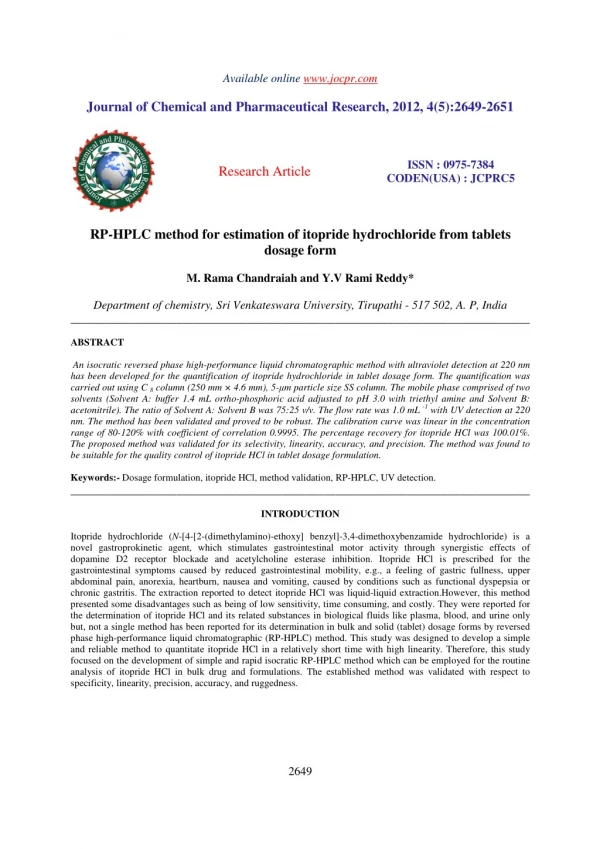 RP-HPLC method for estimation of itopride hydrochloride from tablets dosage form