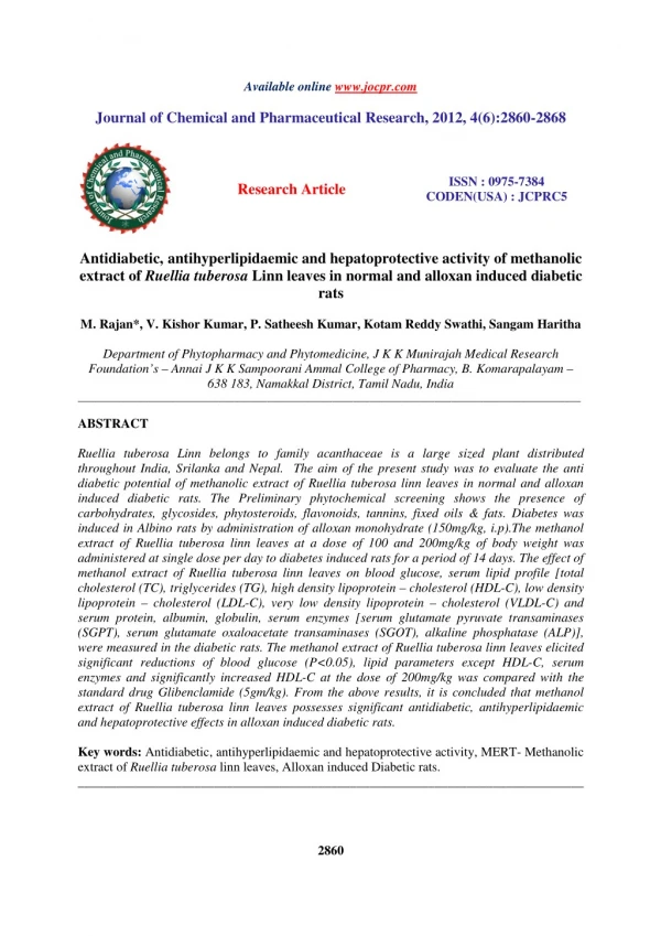 Antidiabetic, antihyperlipidaemic and hepatoprotective activity of methanolic extract of Ruellia tuberosa Linn leaves in