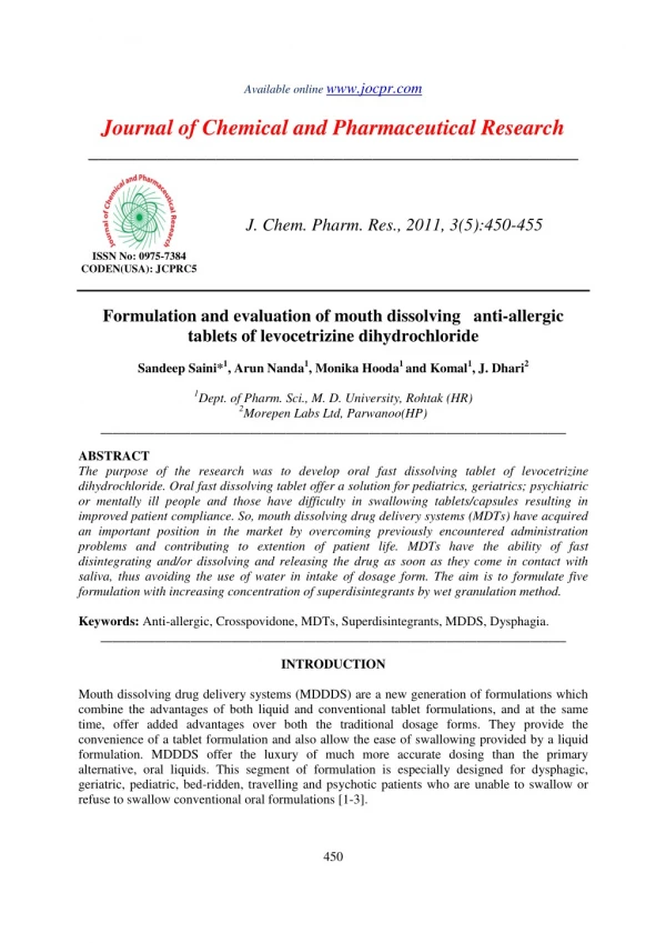 Formulation and evaluation of mouth dissolving anti-allergic tablets of levocetrizine dihydrochloride