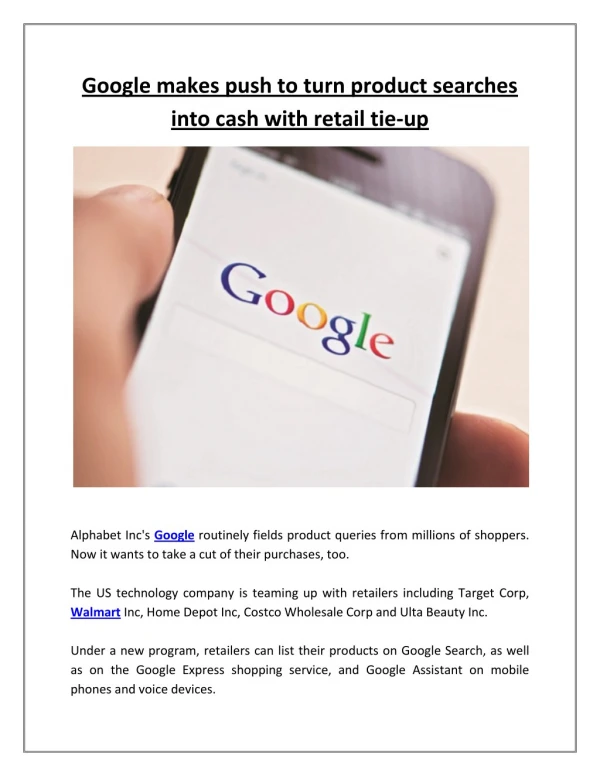 Google Makes Push to Turn Product Searches Into Cash With Retail Tie-up