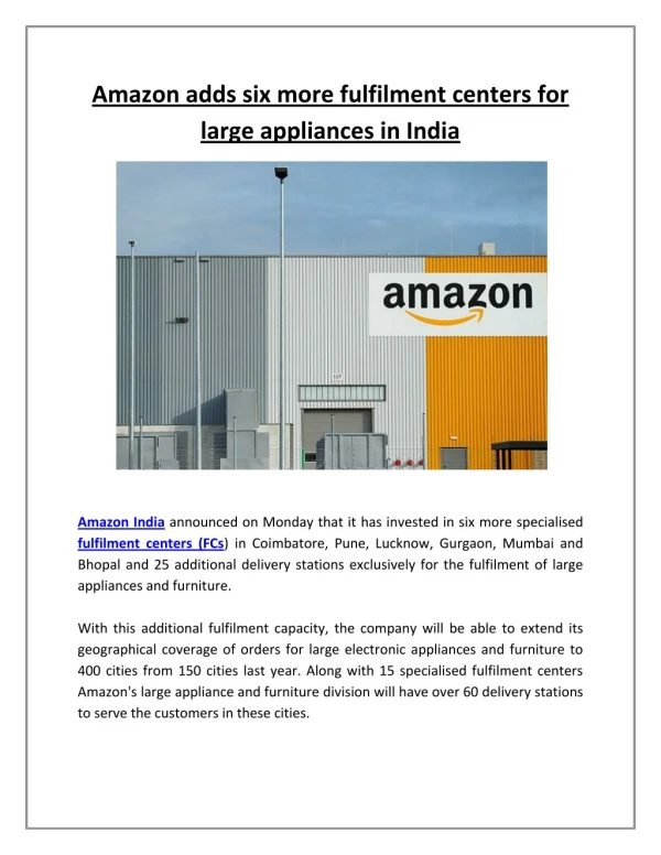 Amazon Adds Six More Fulfilment Centers for Large Appliances in India