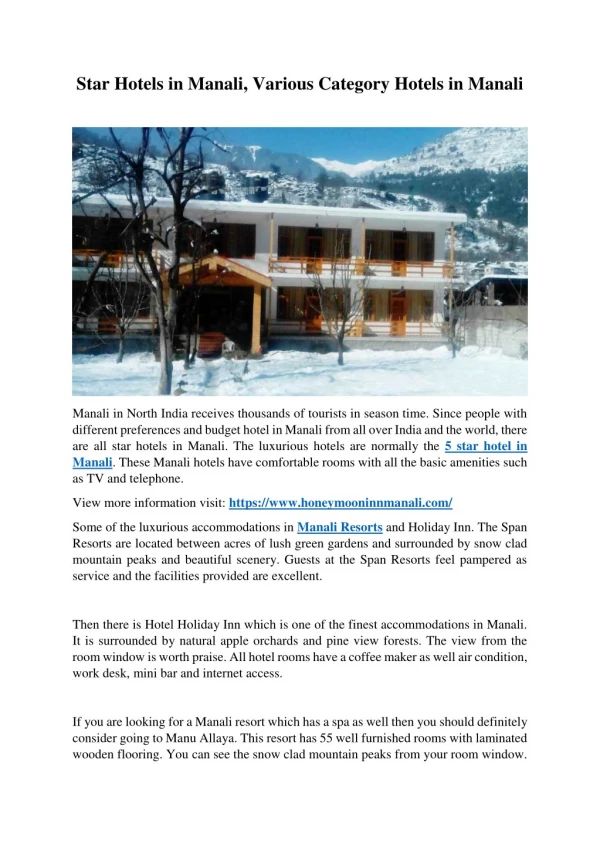 Star Hotels in Manali - Various Category Hotels in Manali