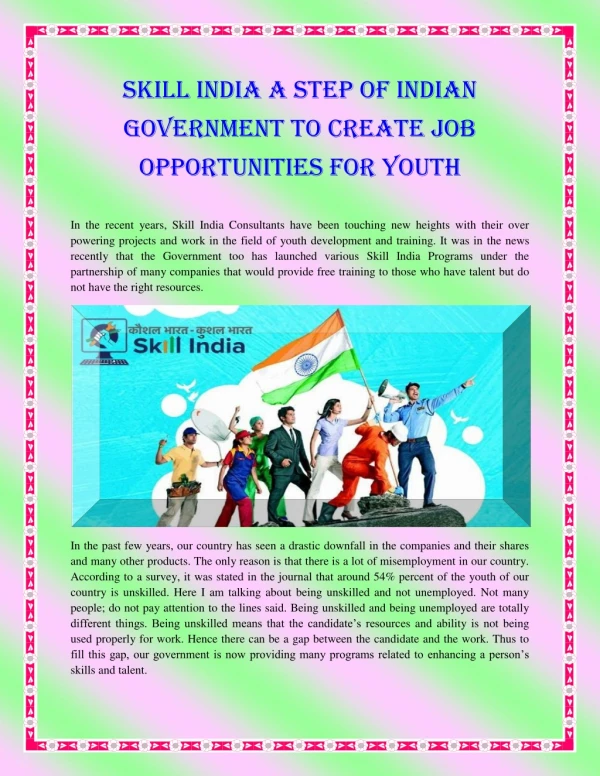 Skill india a step of indian government to create job opportunities for youth